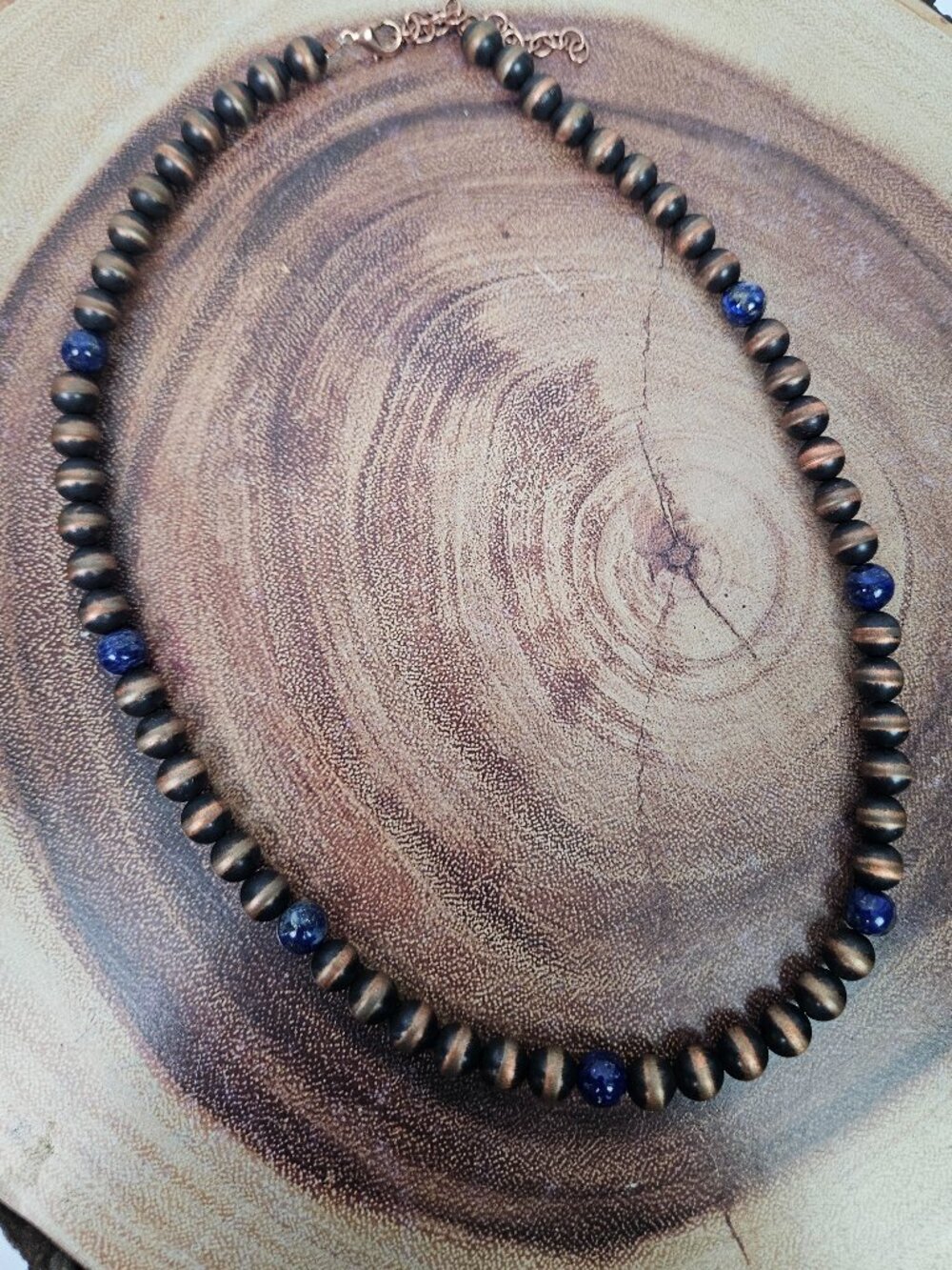 New Copper 8mm Desert Pearl Lapis Lazuli Bead Accent 22" Necklace